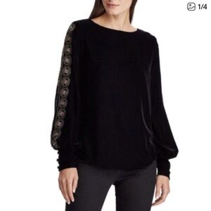 Lauren Ralph Lauren black velvet shirt with beaded trim, size L